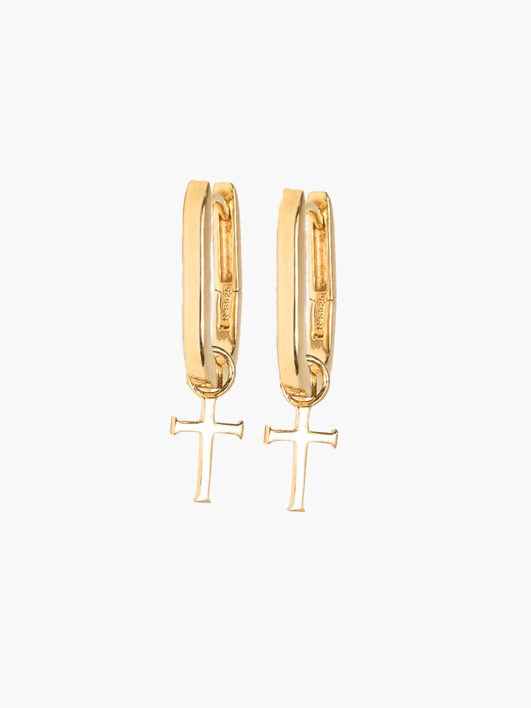 Sleek Gold U  Hoop Cross Earrings with the  Cross Dangling from the modern link shaped hoop by Rizen Jewelry. 