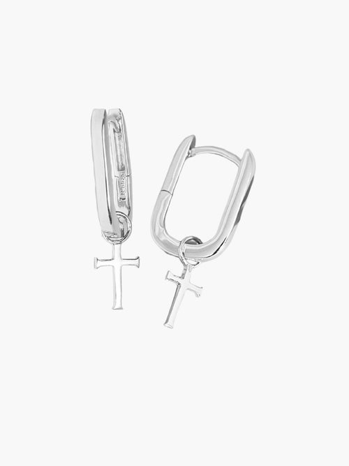 Sleek Sterling Silver Hoop Earrings with Cross Dangle by Rizen Jewelry. 