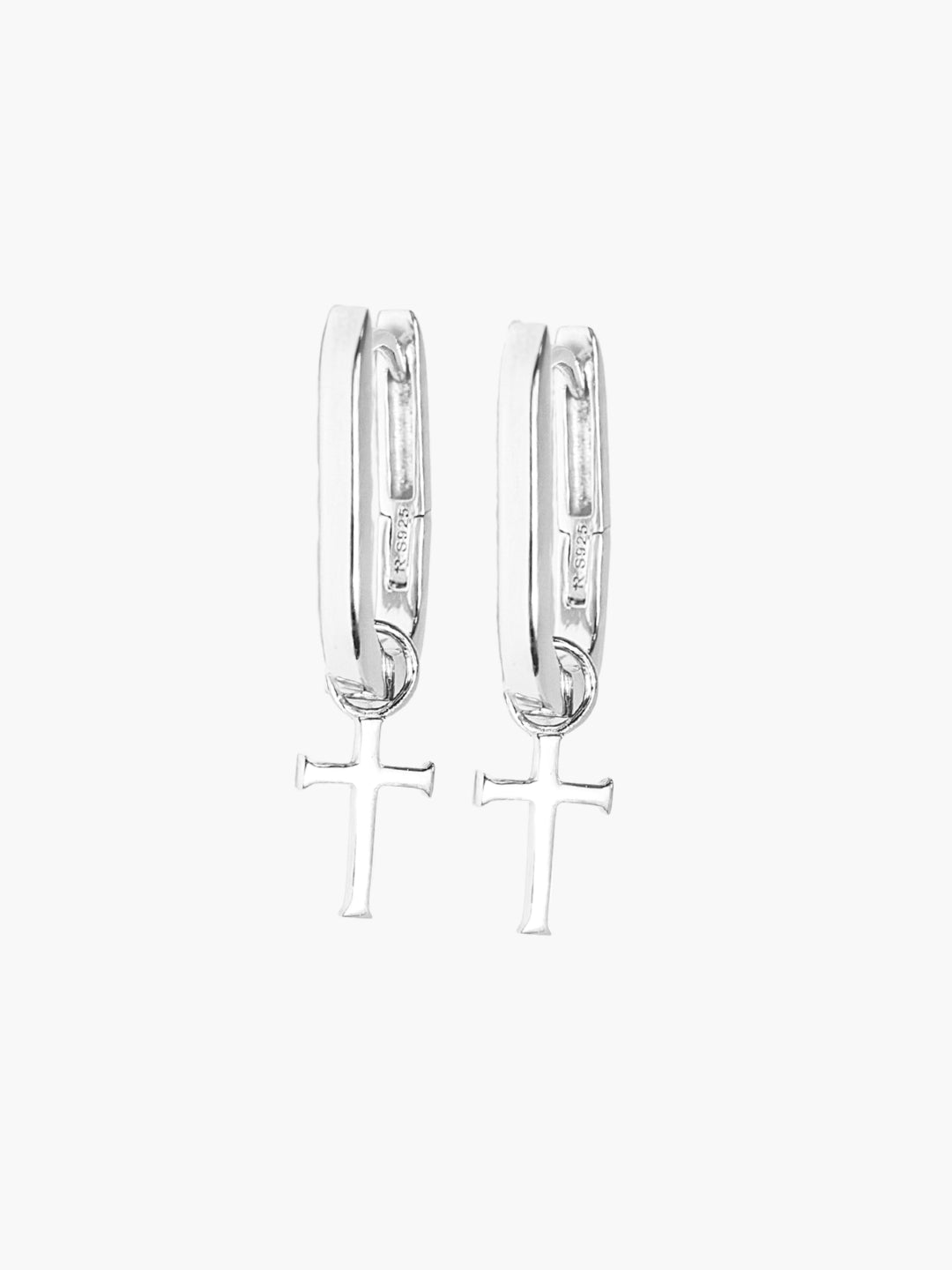 Sleek Sterling Silver Hoop Earrings with Cross Dangle by Rizen Jewelry. 