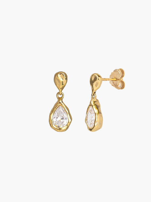 The Rizen Jewelry Solace Tear Dangle Earrings in 18k Gold Finish.  Feature sparkling simulated diamond cradled within a beautiful hammered fluid setting that drop from a fluid textered tear to from an infinity shape. 