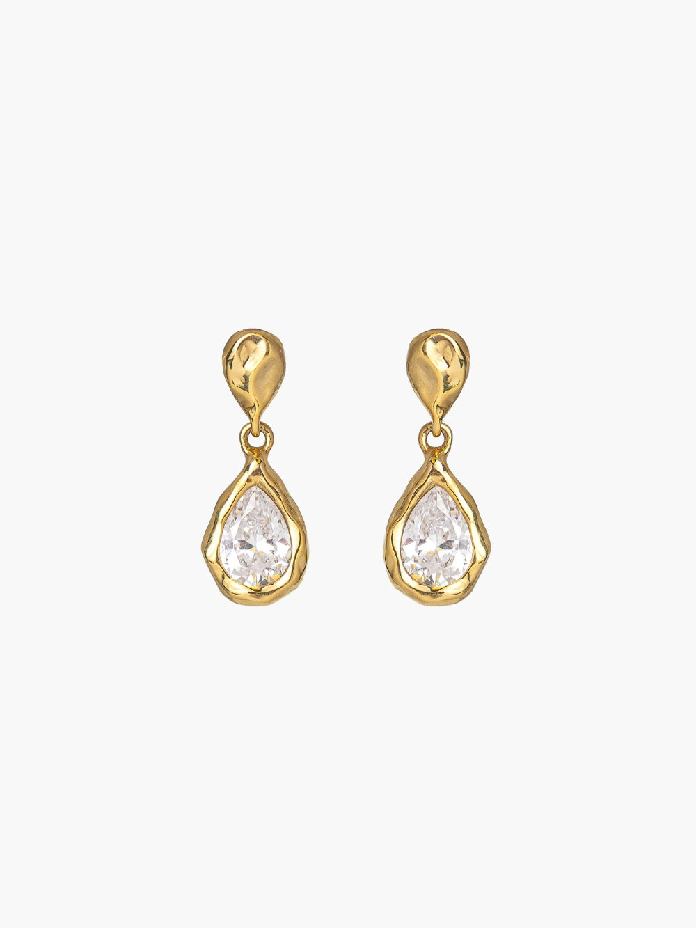 The Rizen Jewelry Solace Tear Dangle Earrings in 18k Gold Finish.  Feature sparkling simulated diamond cradled within a beautiful hammered fluid setting that drop from a fluid textered tear to from an infinity shape. 