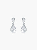 Rizen Jewelry Solace Tear Drop Dangle Earrings in Sterling Silver feature a teardrop simulated diamond nestled within a fluid hammer texture that elegantly dangle from a fluid reverse tear drop formig an infity shape. 