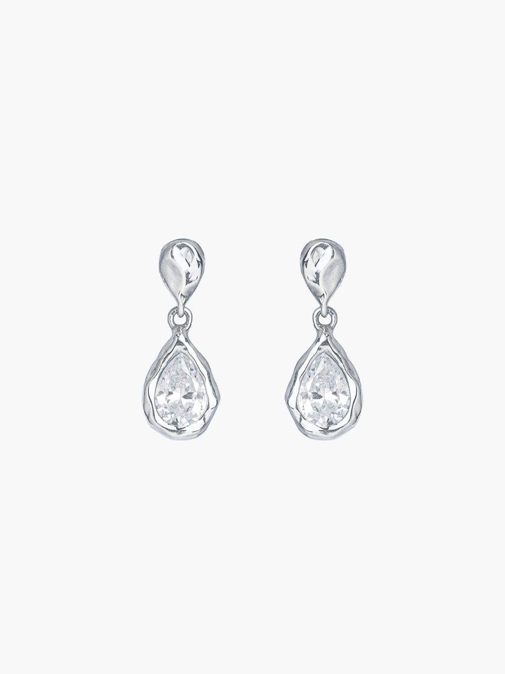 Rizen Jewelry Solace Tear Drop Dangle Earrings in Sterling Silver feature a teardrop simulated diamond nestled within a fluid hammer texture that elegantly dangle from a fluid reverse tear drop formig an infity shape. 