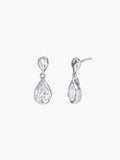 Rizen Jewelry Solace Tear Drop Dangle Earrings in Sterling Silver feature a teardrop simulated diamond nestled within a fluid hammer texture that elegantly dangle from a fluid reverse tear drop formig an infity shape. 