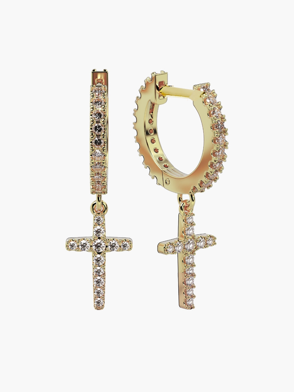 Luminous cross huggie hoop earrings in 18k gold plated from the Calvary collection. A wonderful Christian Jewelry Gift by Rizen Jewelry.