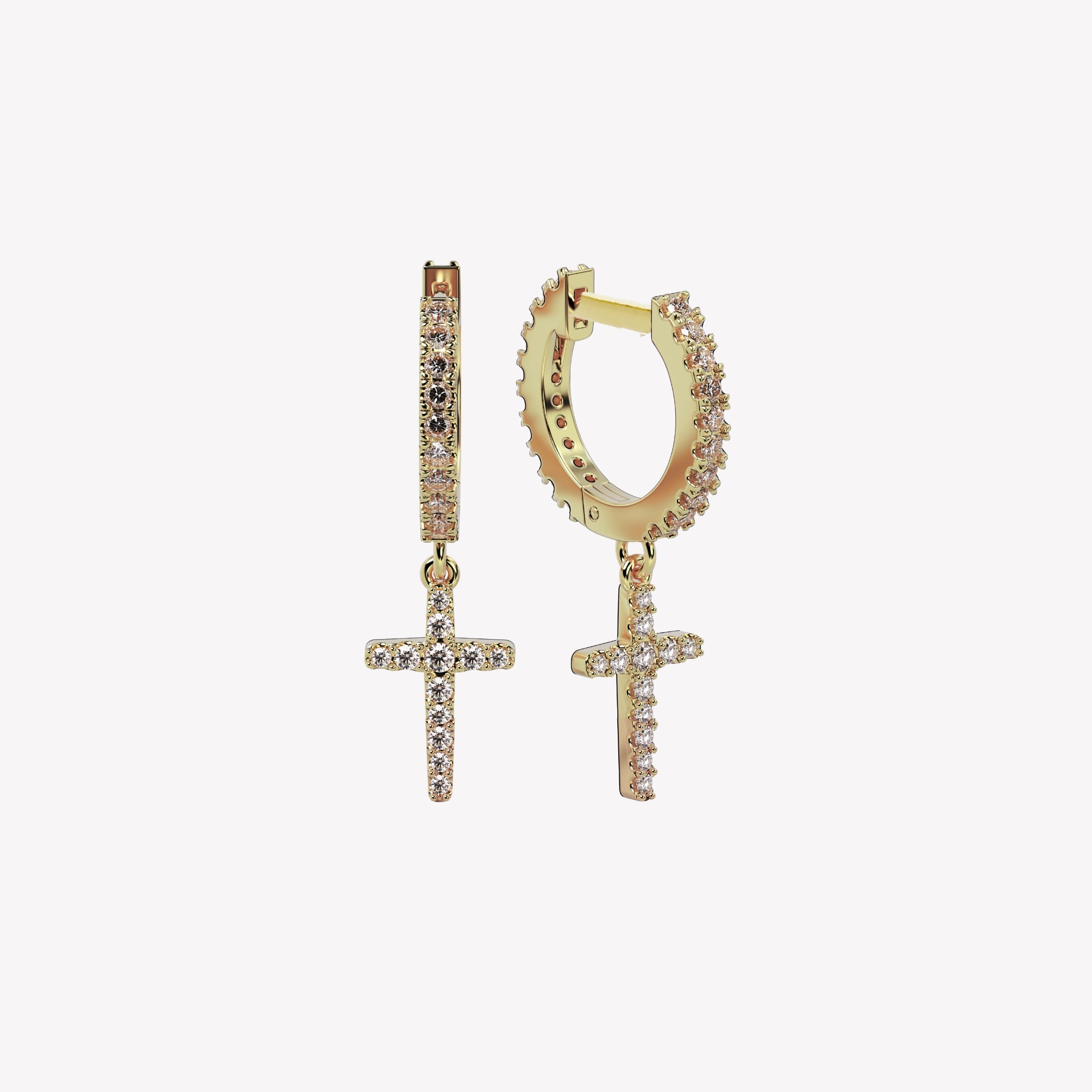 18k gold plated hoop earrings featuring delicate pointed cross charms. These sleek huggie hoops are paved with 24 micro-set zirconias throughout. Comfortable hinge closure. From the Calvary Collection by Rizen Jewelry. 