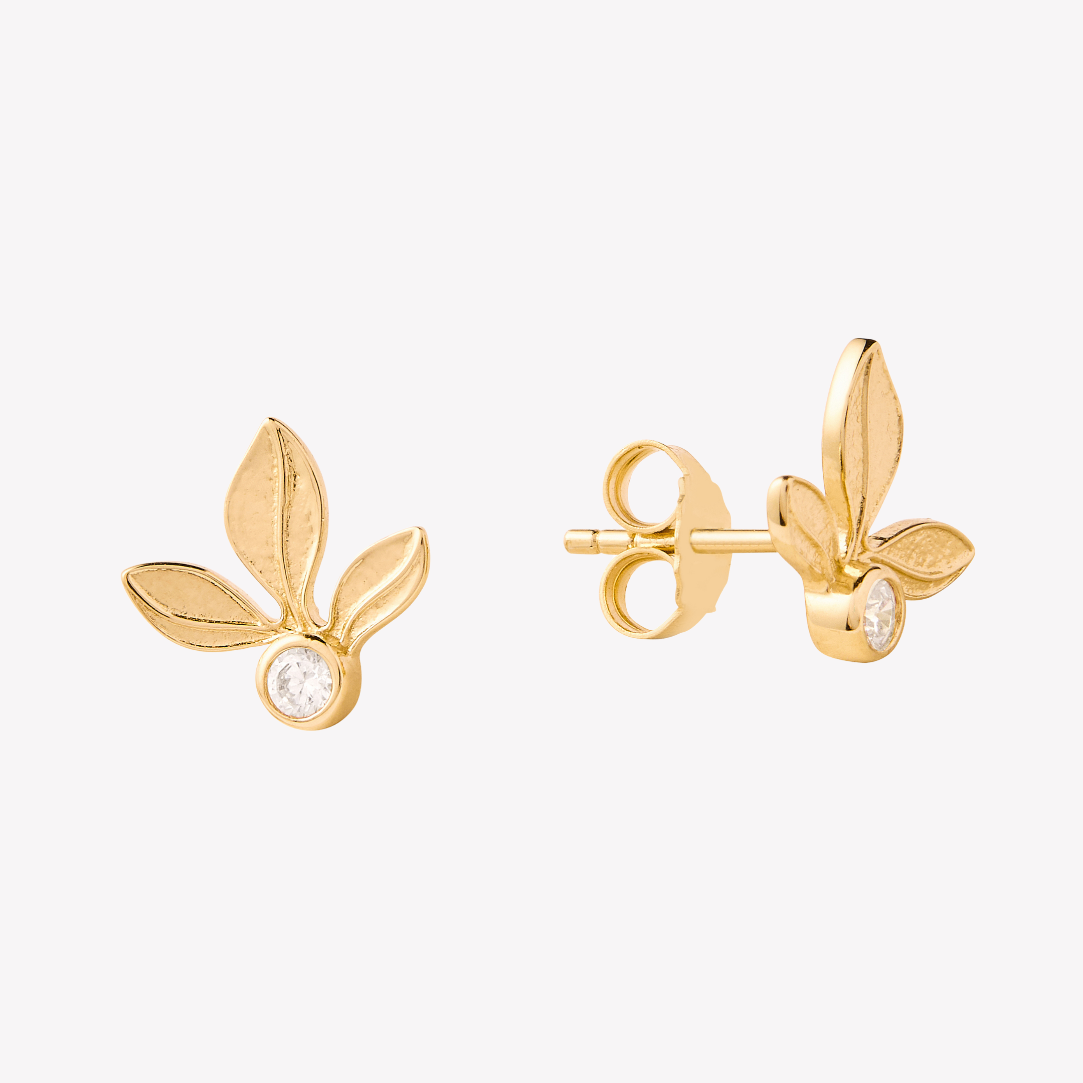 Exquisite Olive Leaf Earrings in 18k gold vermeil feature three subtle matte finished leaves radiating from a bezel set cubic zirconia from the Rooted Collection by Rizen Jewelry. 
