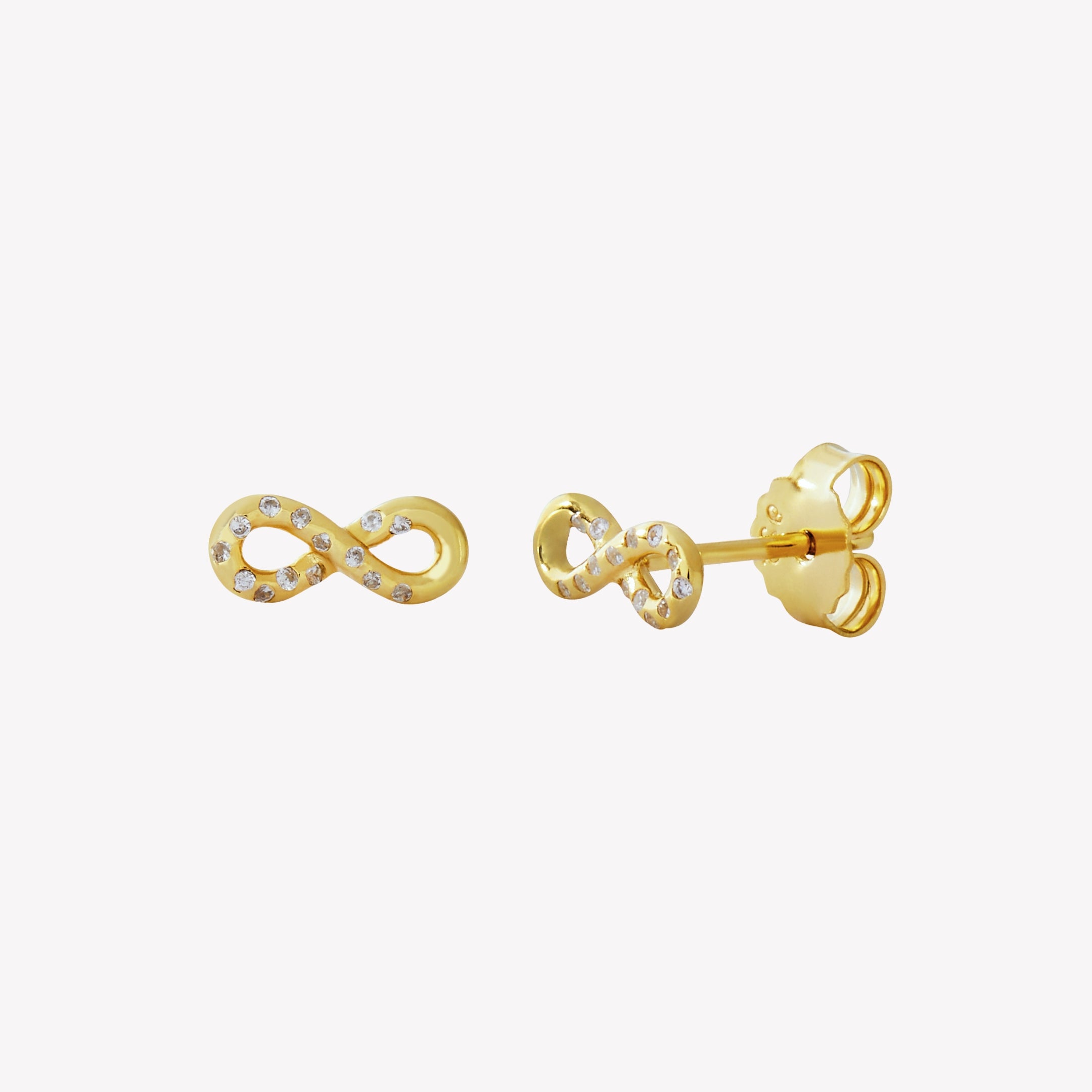 Dainty 18k gold plated infinity stud earrings with pavé zirconia ichthys nestled within the infinity motif from the Infinite Grace Collection by Rizen Jewelry.