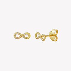 Dainty 18k gold plated infinity stud earrings with pavé zirconia ichthys nestled within the infinity motif from the Infinite Grace Collection by Rizen Jewelry.