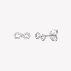 Sterling silver infinity stud earrings with pavé zirconia ichthys nestled within the infinity motif.