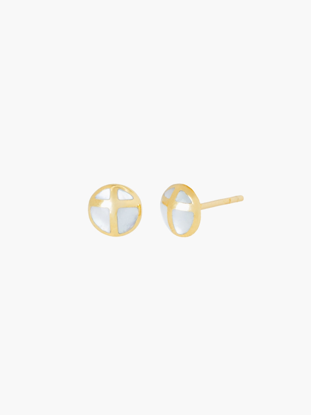 Mother of pearl cross stud earrings in 18k gold plated from the Becoming collection. Inspirational Faith Jewelry for Women by Rizen Jewelry.