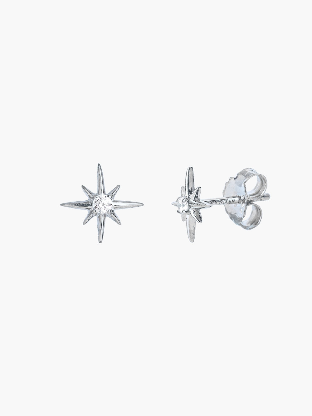 Adoring Star Stud Earrings in 18k gold-plated sterling silver with center cubic zirconia, displayed with butterfly closure visible.