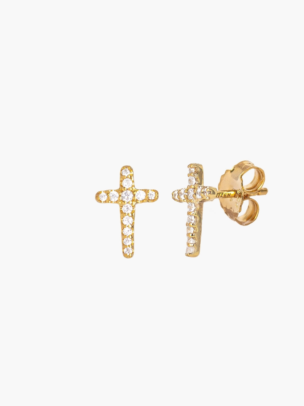 Pair of gold Luminous Cross Pavé Studs displayed with butterfly closures visible. Designed by Rizen Jewelry
