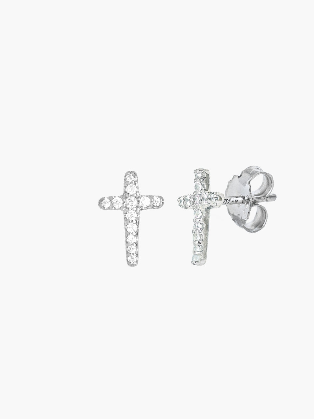 Pair of Luminous Cross Pavé Studs displayed with butterfly closures visible, designed by Rizen Jewelry as the perfect gift.