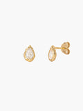 A pair of the Rizen Jewelry gold Solace Tear Stud Earrings. Feature teardrop shapped earrings with clear faceted simulated diamonds, nestled within a fluid hammered texture. One earring is facing forward to show the stone, and the other is turned to the side showing the post and backing.