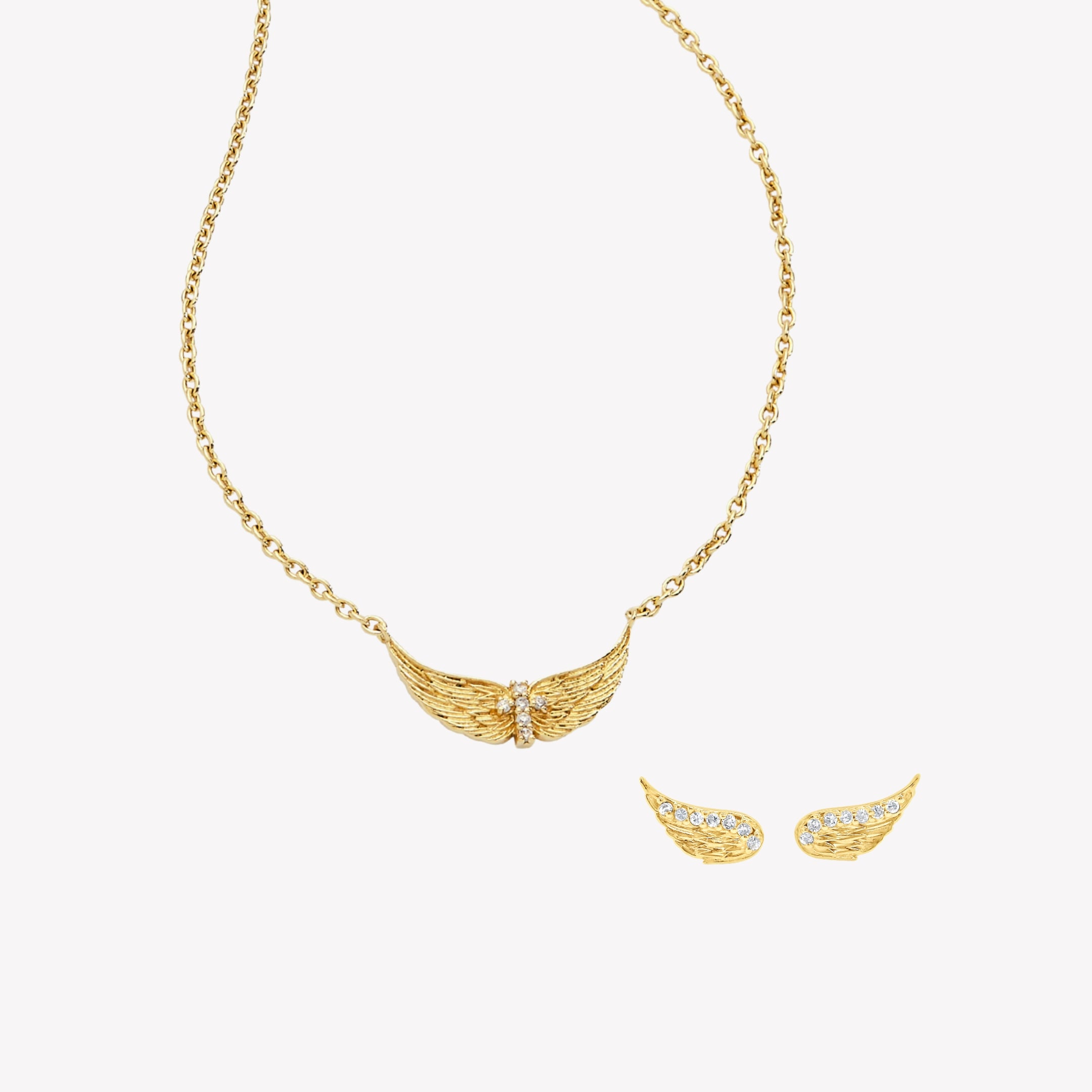 18k gold plated Divine Refuge jewelry gift set featuring the Divine Wings mini necklace and matching wing earrings. Necklace features a Cross at the center of the wings. 