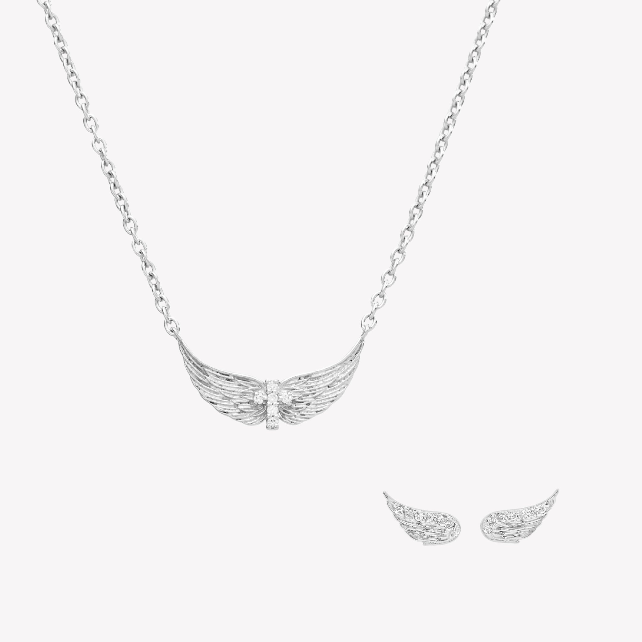 Sterling silver Divine Refuge jewelry gift set featuring the Divine Wings mini necklace and matching wing earrings. Necklace features a Cross at the center of the wings. 