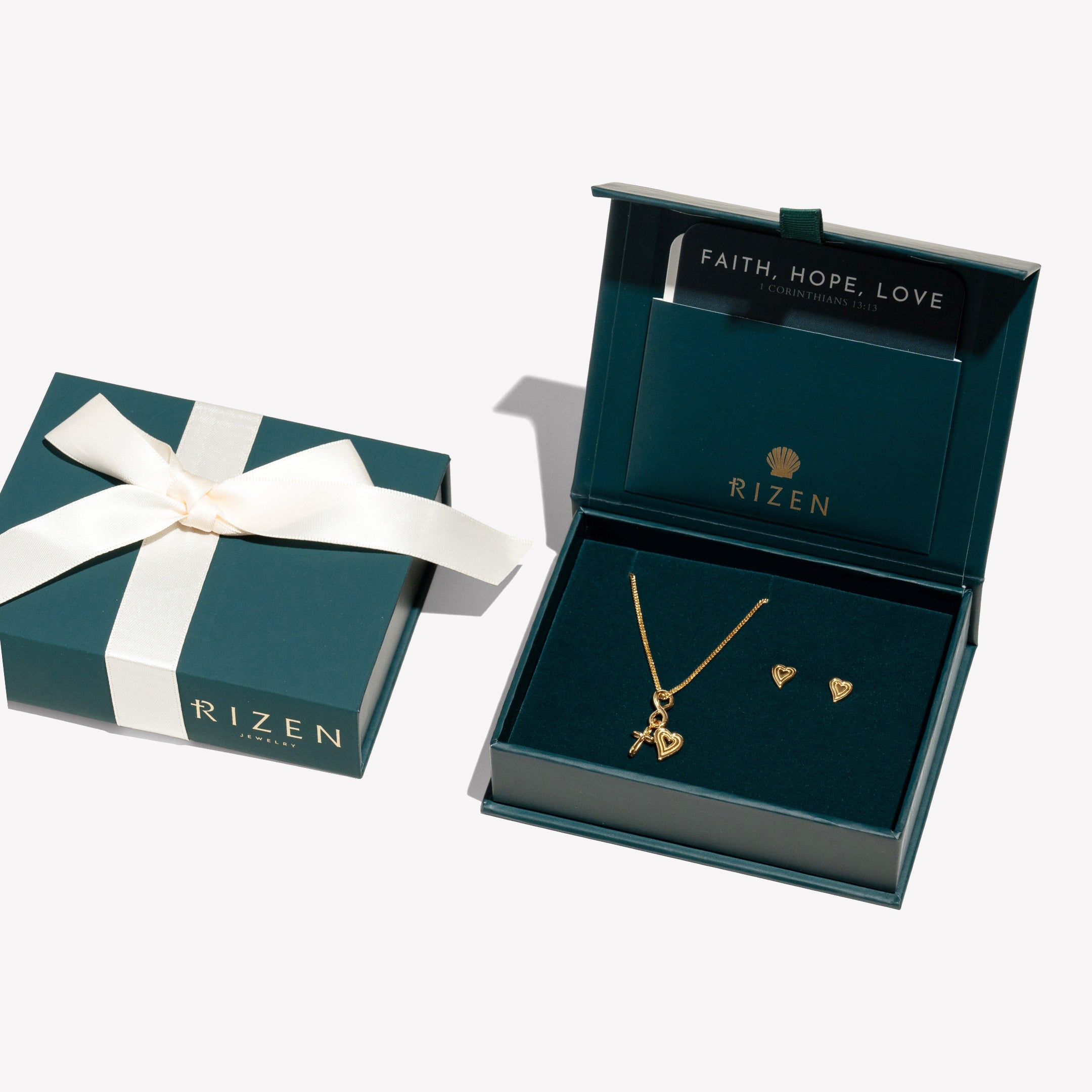 Faith Hope Love Jewelry Gift Set in 18k gold vermeil  featuring the Faith Hope Love Necklace and Emanate Love Earrings ready to gift in Rizen Jewelry standard packaging with keepsake devotion