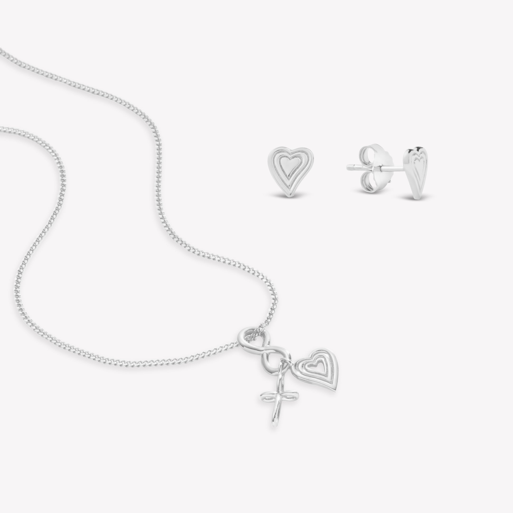 Faith Hope Love Jewelry Gift Set in sterling silver featuring the Faith Hope Love Necklace and Emanate Love Earrings by Rizen Jewelry