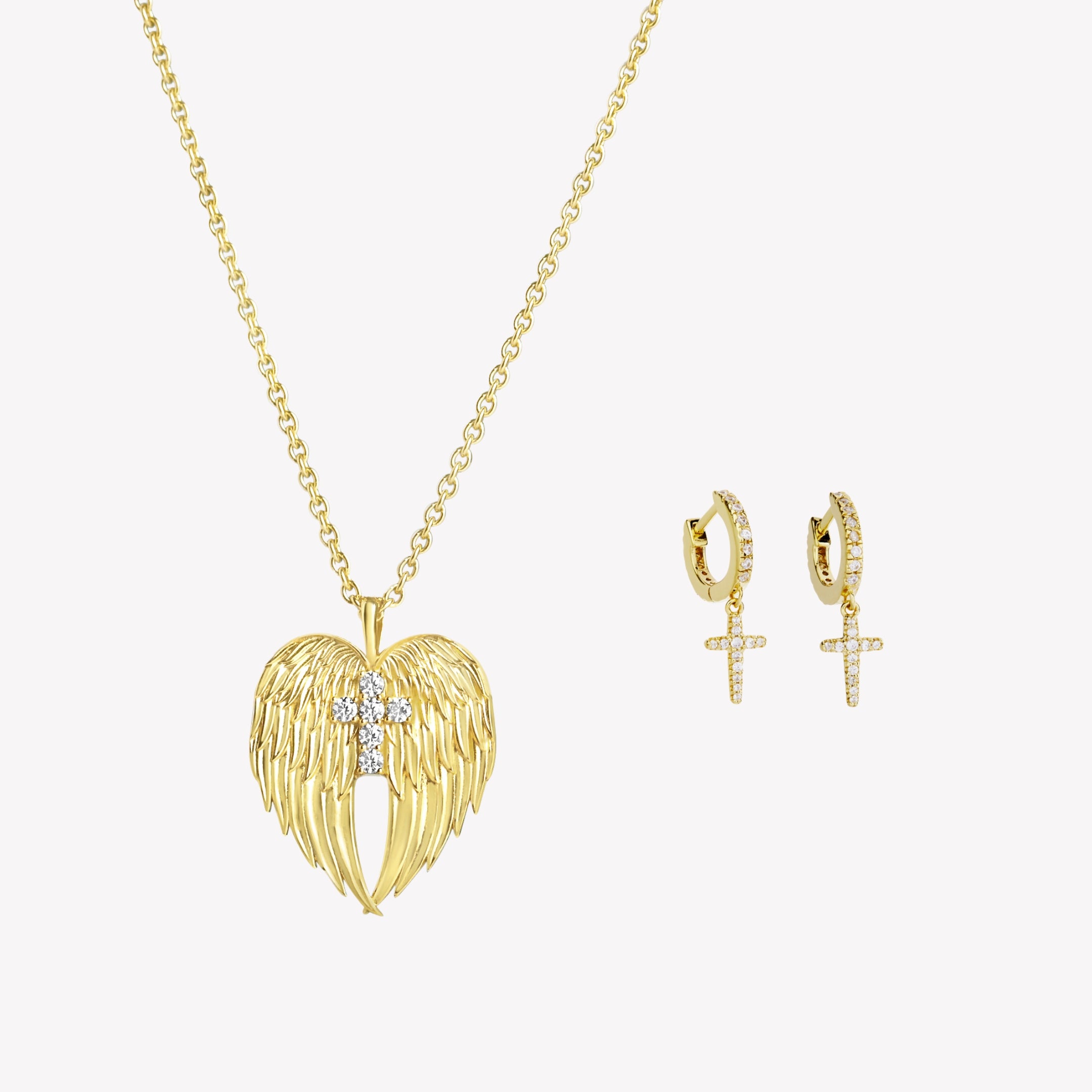 18K gold vermeil Divine Wings jewelry set featuring the heart shaped angel wing necklace with a sparkly pair of the Luminous Cross Huggie Hoop Earrings.