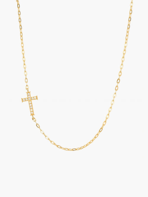Delicate Cross Chain Breaker Necklace in 18k gold-plated sterling silver with pavé cubic zirconia cross pendant on micro paper clip chain.