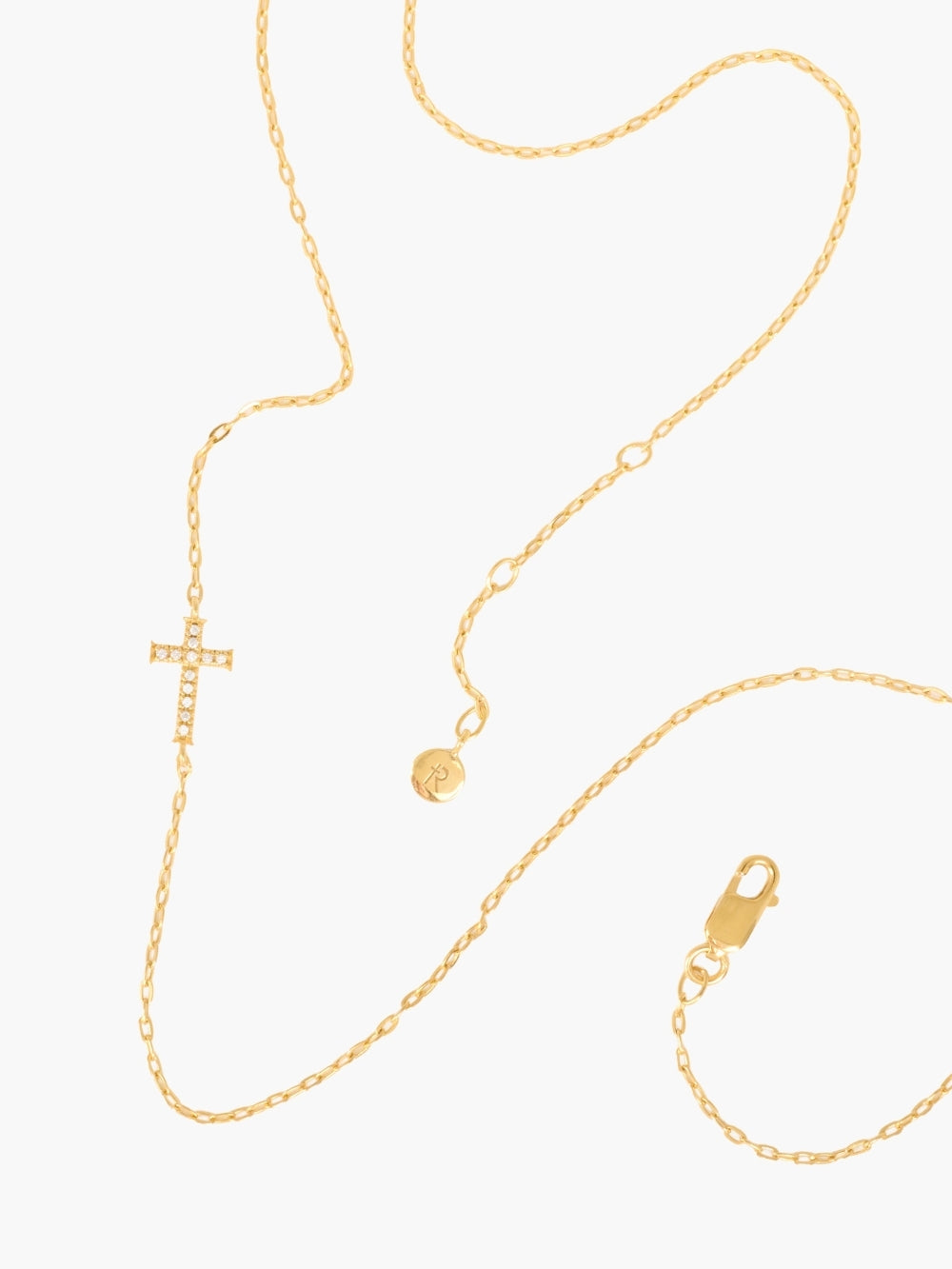 Adjustable clasp of the Delicate Cross Chain Breaker Necklace showing three length settings on a 19-inch chain
