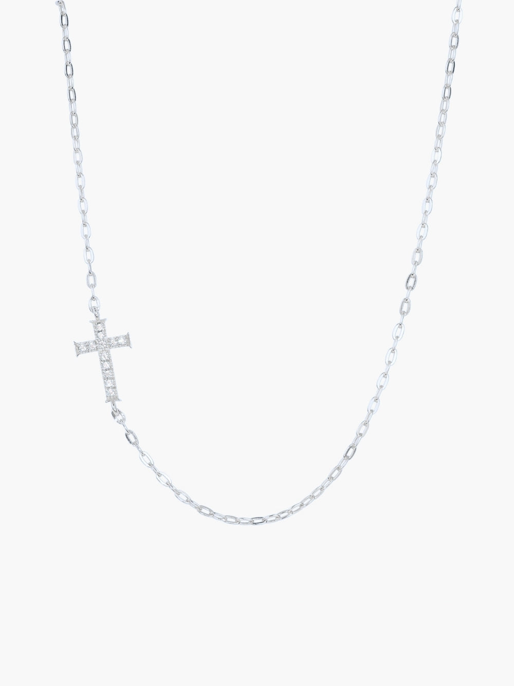 Delicate Cross Chain Breaker Necklace in sterling silver with pavé cubic zirconia cross pendant on micro paper clip chain