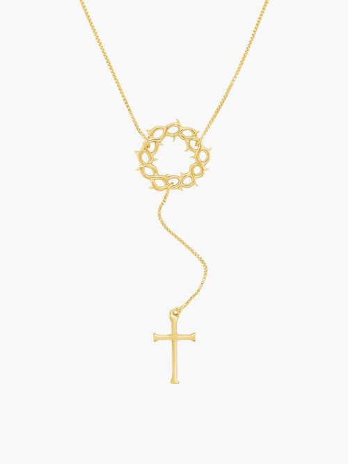 Crown of Thorns Y necklace with cross Pendant in 18k gold plated from the Insignia collection by Rizen Jewelry. A wonderful Christian Jewelry Gift.