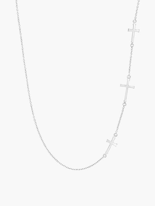 Calvary Three Sideways Cross Necklace in Sterling Silver.  A wonderful Christian Jewelry Gift by Rizen Jewelry.
