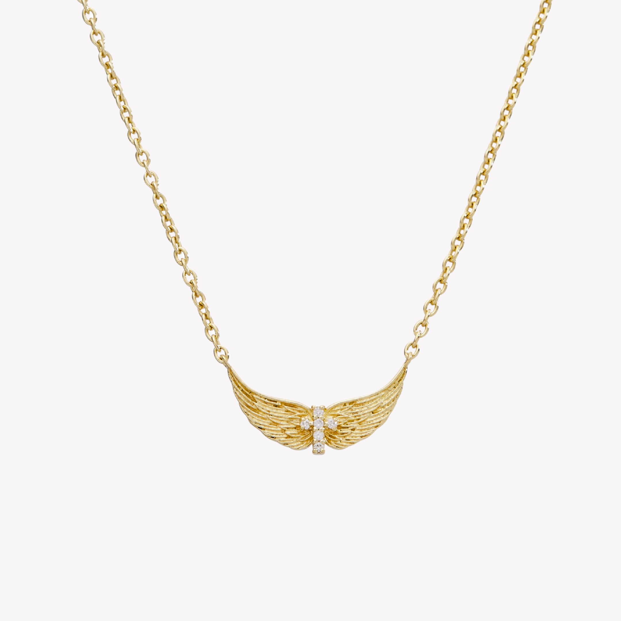 18k gold plated over sterling silver necklace featuring uplifted angel wings with a radiant cubic zirconia cross at the center and textured feather detail. Set on an adjustable 19.5 in cable chain. From the Insignia Collection by Rizen Jewelry.