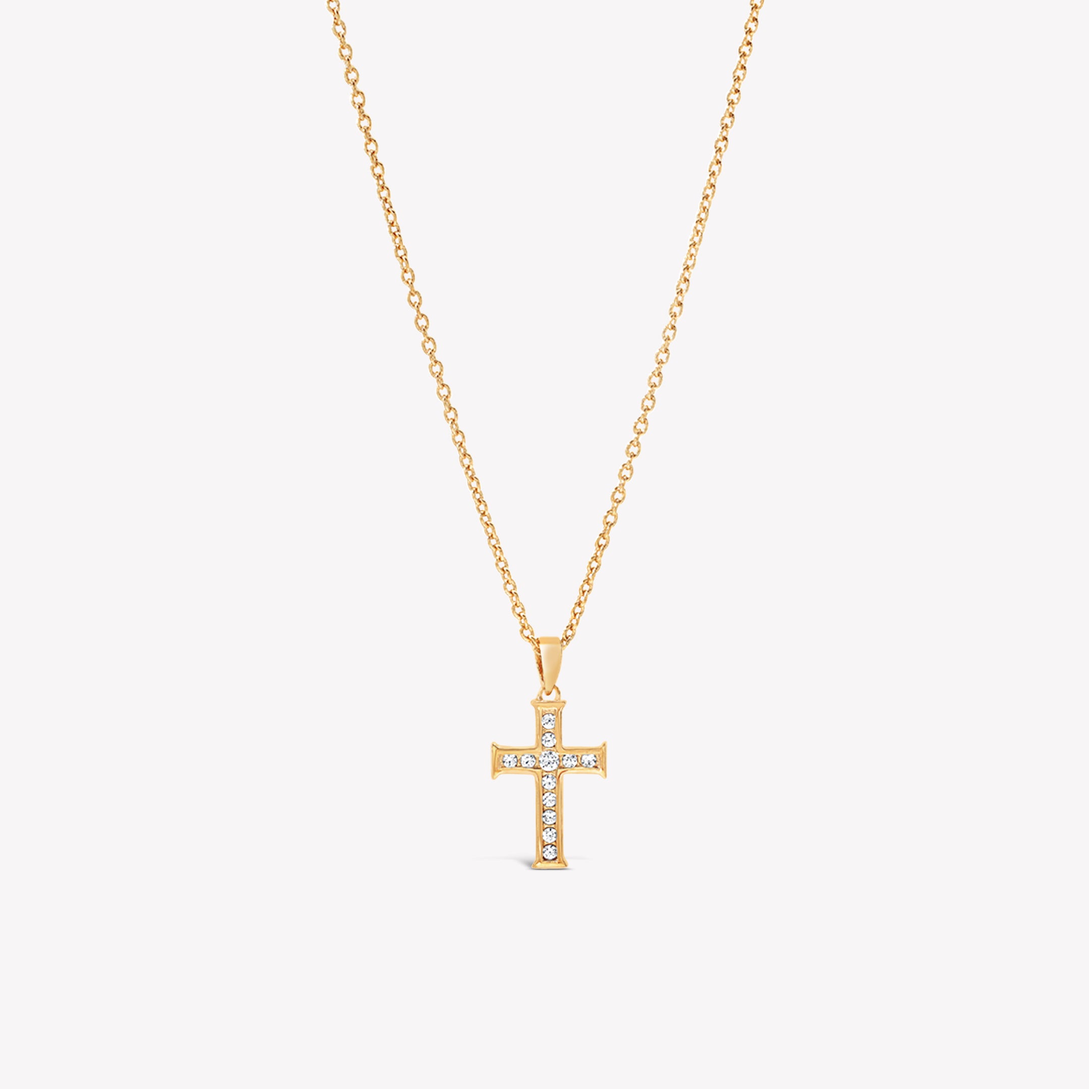 18k gold vermeil luminous cross pendant necklace featuring 12 sparkling cubic zirconia channel set on an adjustable 20" cable chain by Rizen Jewelry