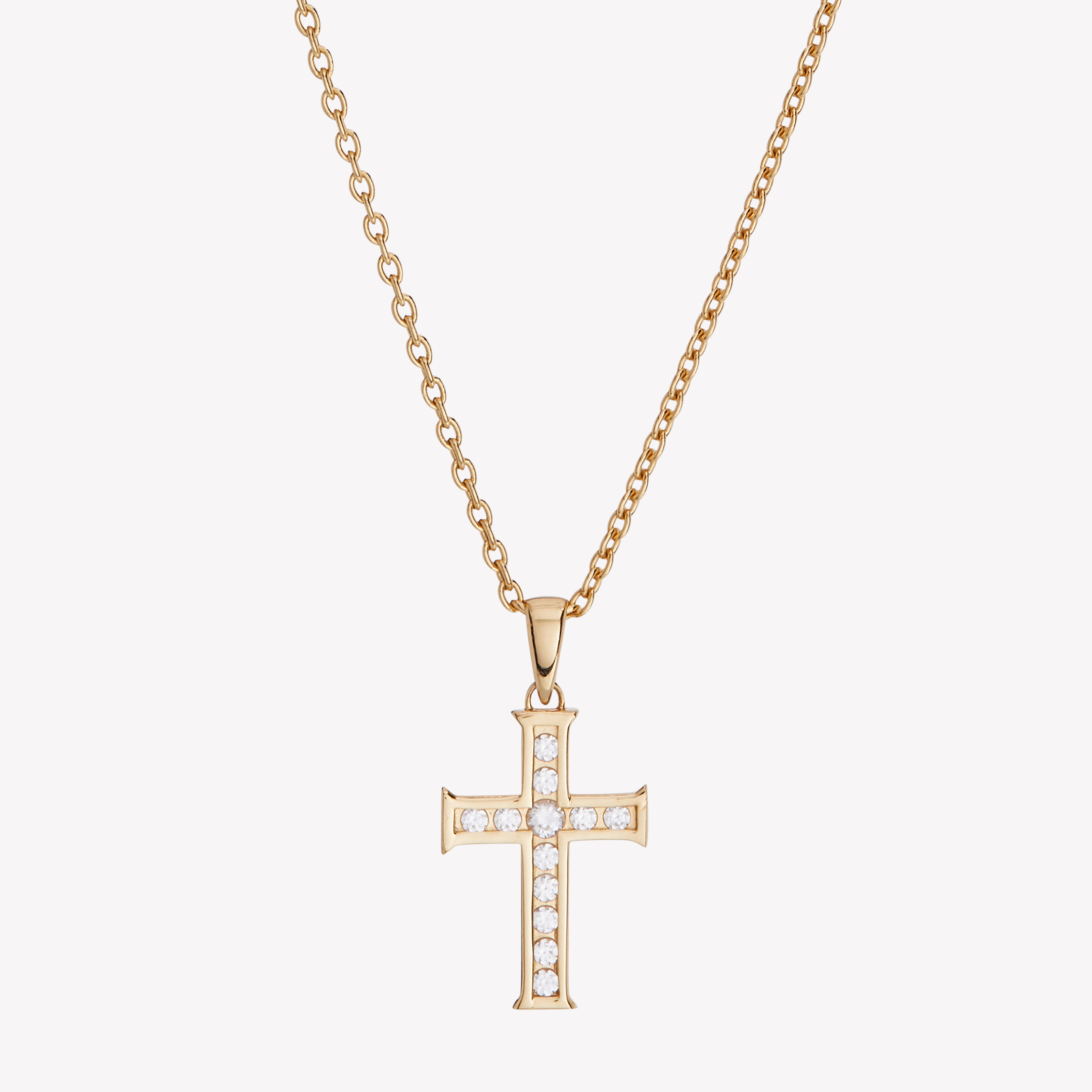 18k gold vermeil luminous cross pendant necklace featuring 12 sparkling cubic zirconia channel set on an adjustable 20" cable chain by Rizen Jewelry