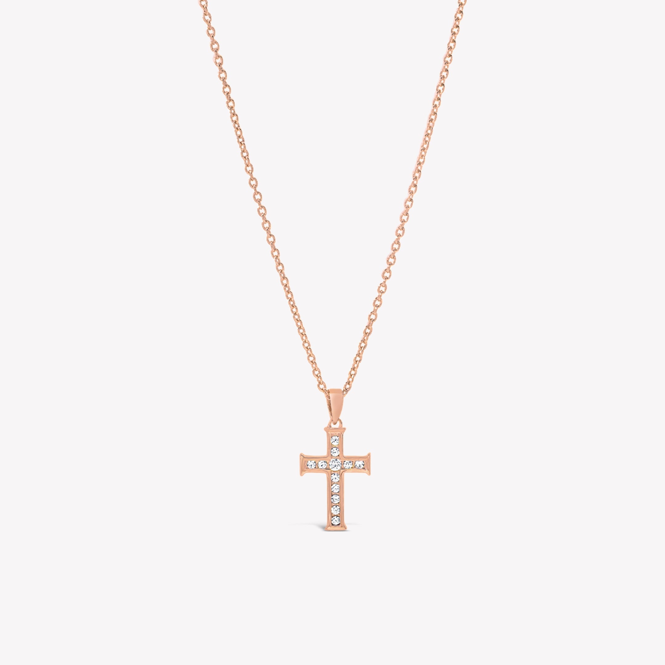 18k rose gold vermeil luminous cross pendant necklace featuring 12 sparkling cubic zirconia channel set on an adjustable 20" cable chain by Rizen Jewelry
