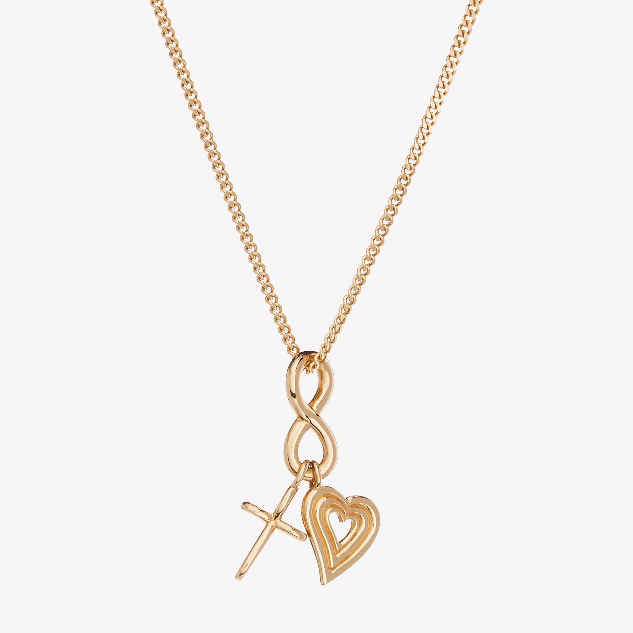 Faith Hope Love Necklace featuring 3 charm pendants: an infinite cross for faith, an infinity for hope, and a radiating open heart for love set on an 18k  Gold Vermeil cable chain by Rizen Jewelry