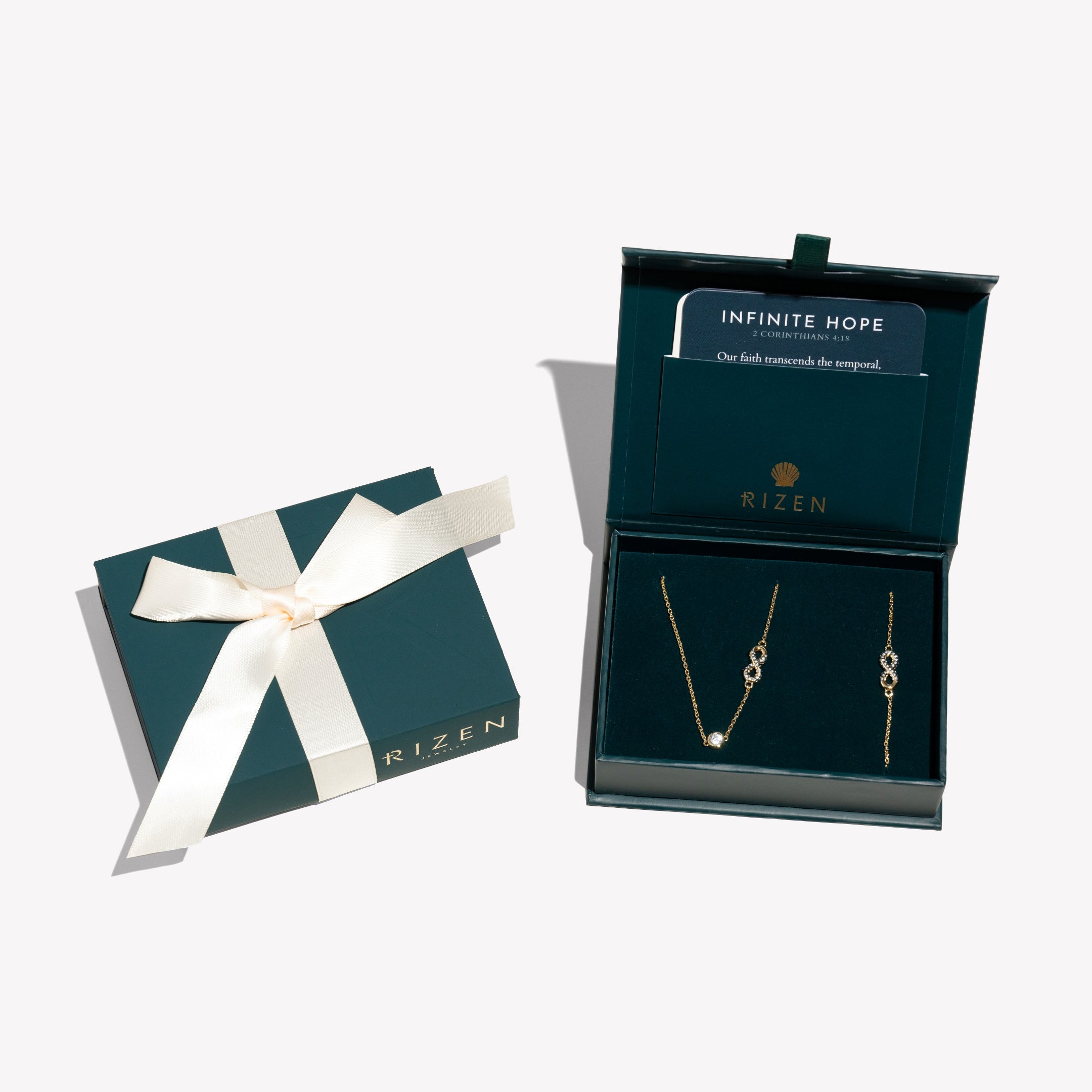 18k gold vermeil Infinite Hope Jewelry Gift Set features the matching necklace and bracelet in the Ready to gift keepsake box with devotion. 