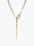 Gold versatile lariat Y-chain cross necklace. This elegant design wraps around the neck or wrist to create a sleek, refined expression of faith.