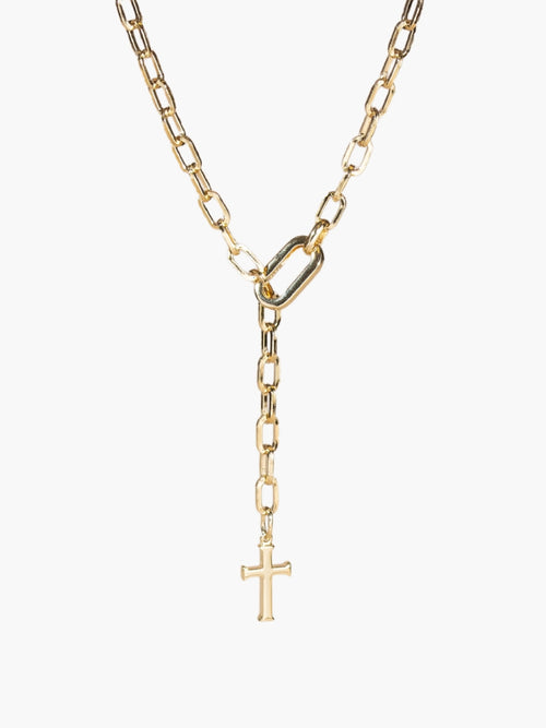Gold versatile lariat Y-chain cross necklace. This elegant design wraps around the neck or wrist to create a sleek, refined expression of faith.