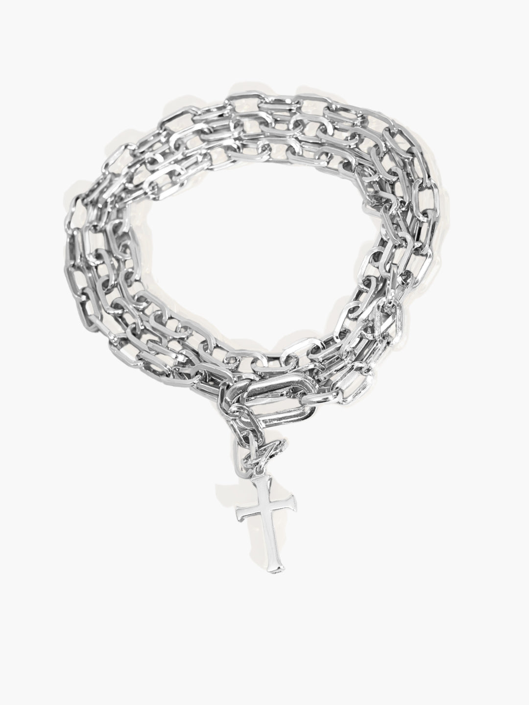 Sterling silver versatile lariat Y-chain cross necklace by Rizen Jewelry styled as a bracelet. This elegant design wraps around the neck or wrist to create a sleek, refined expression of faith. 