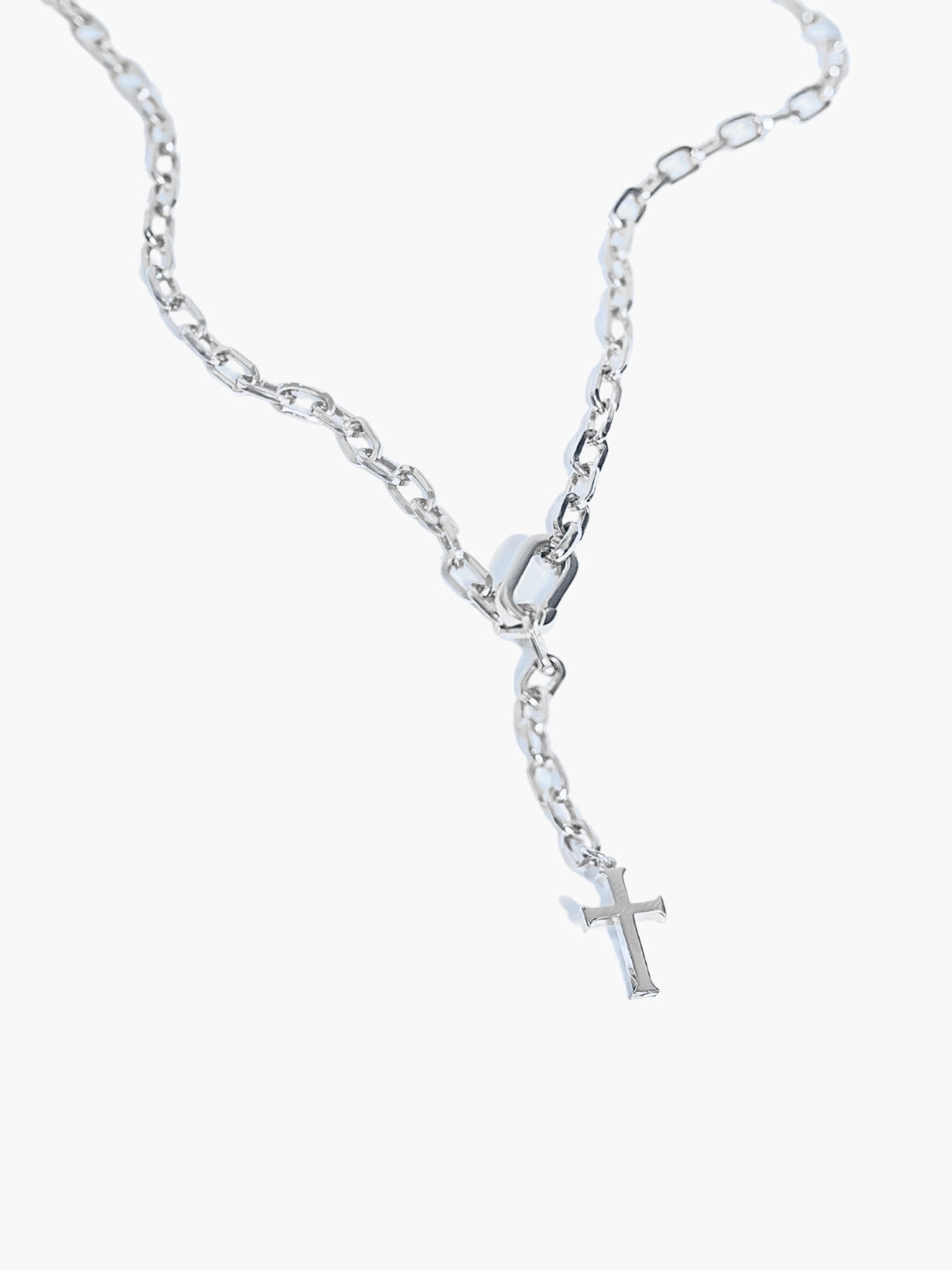 Sterling silver versatile lariat Y-chain cross necklace by Rizen Jewelry. This elegant design wraps around the neck or wrist to create a sleek, refined expression of faith. 