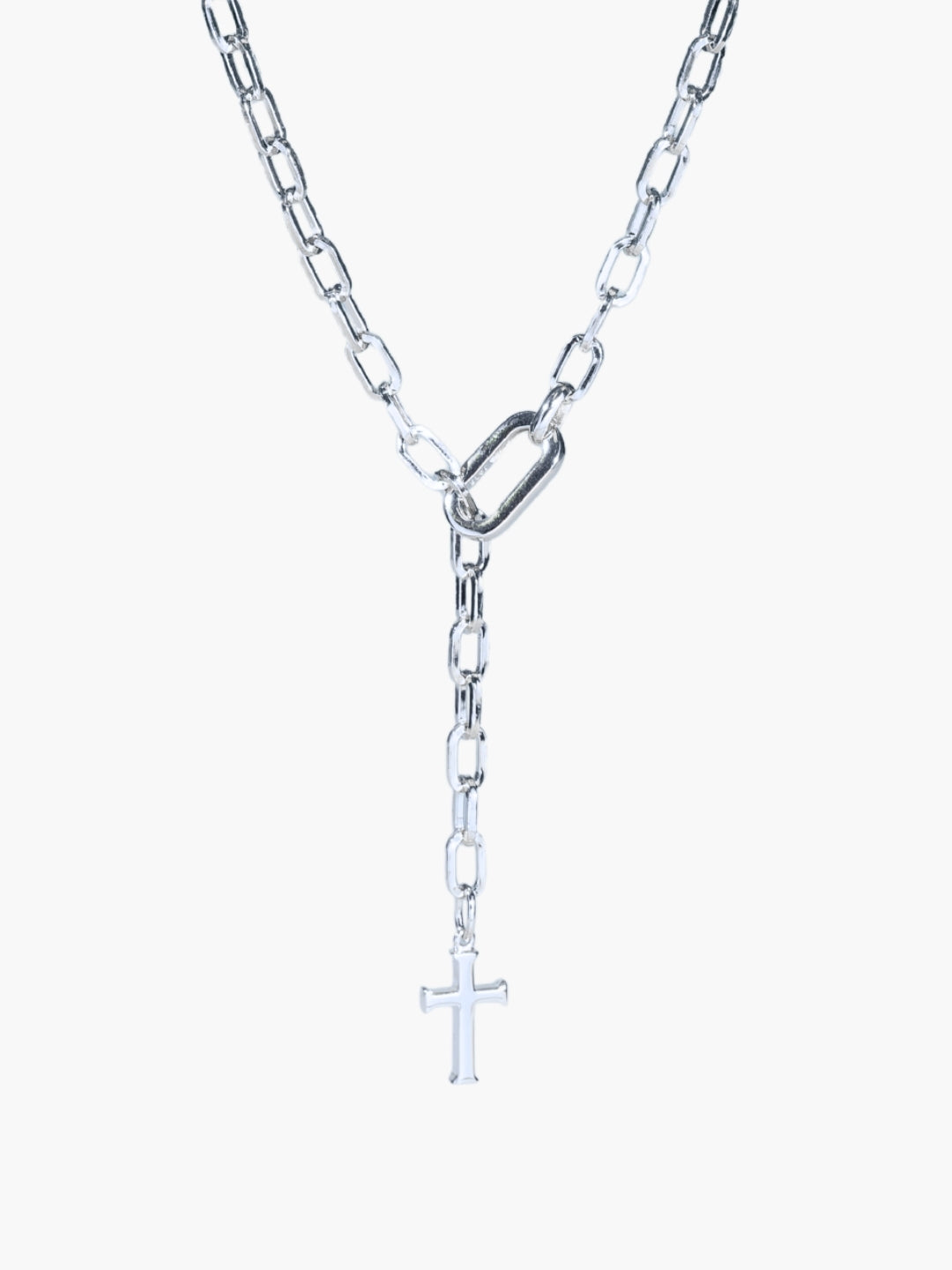Sterling silver versatile lariat Y-chain cross necklace by Rizen Jewelry. This elegant design wraps around the neck or wrist to create a sleek, refined expression of faith. 