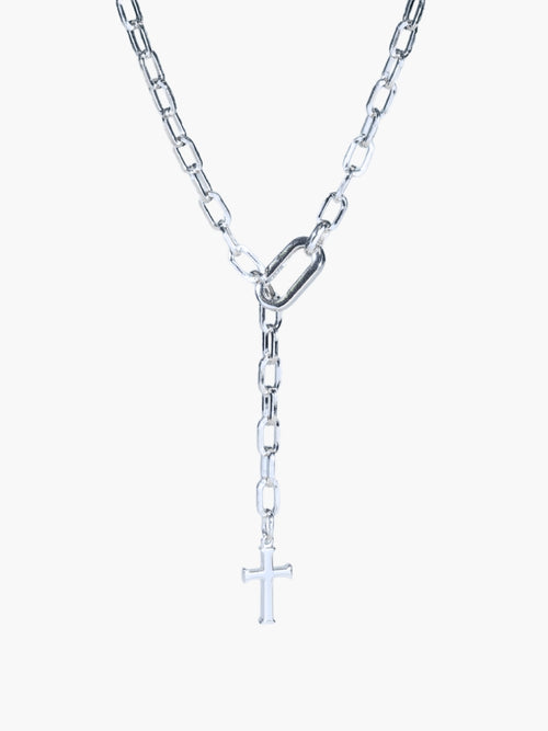 Sterling silver versatile lariat Y-chain cross necklace by Rizen Jewelry. This elegant design wraps around the neck or wrist to create a sleek, refined expression of faith. 