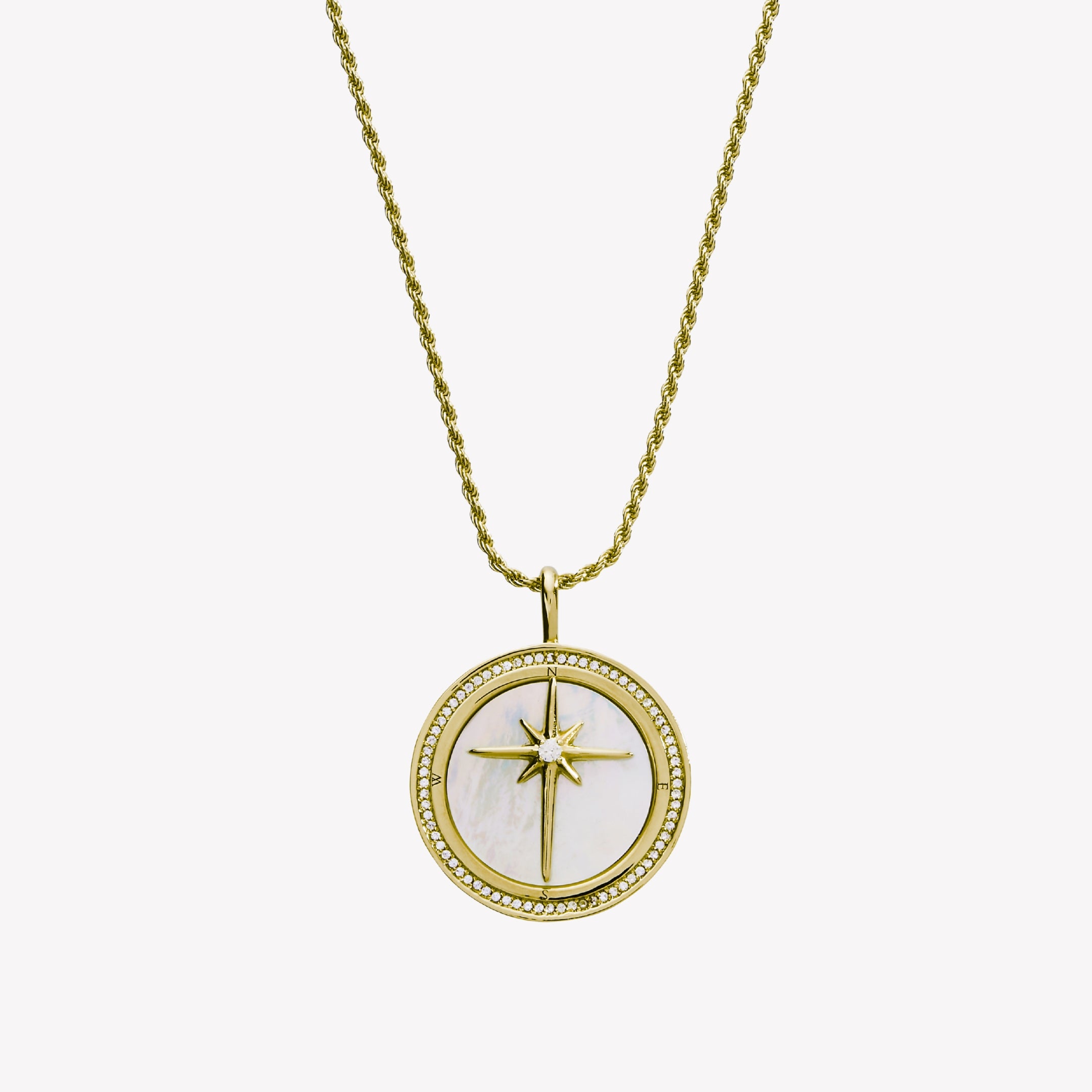 18k gold plated compass medallion necklace with mother-of-pearl inlay and John 14:6 scripture etched on the back. Pendant set on a 21in adjustable rope chain. There is a channel set cubic zirconia boarder around the compass pendant. 