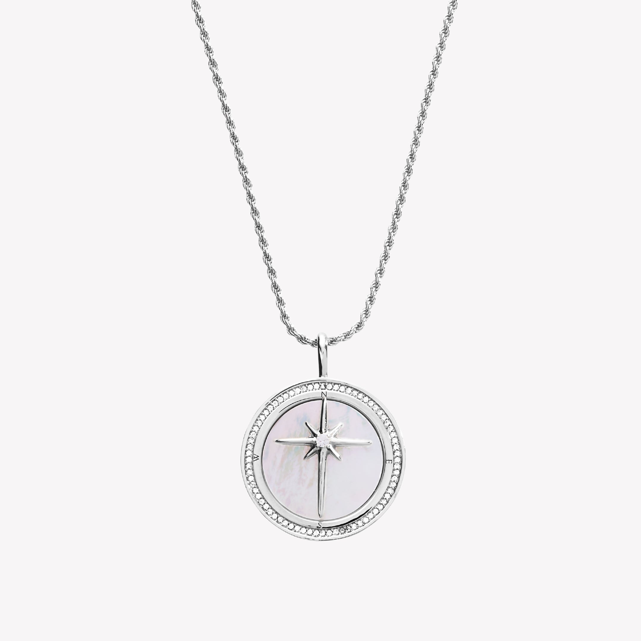 Sterling silver compass medallion necklace with mother-of-pearl inlay and John 14:6 scripture etched on the back. Pendant is set on a 21in adjustable rope chain designed by Rizen Jewelry