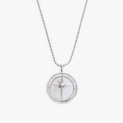 Sterling silver compass medallion necklace with mother-of-pearl inlay and John 14:6 scripture etched on the back. Pendant is set on a 21in adjustable rope chain designed by Rizen Jewelry