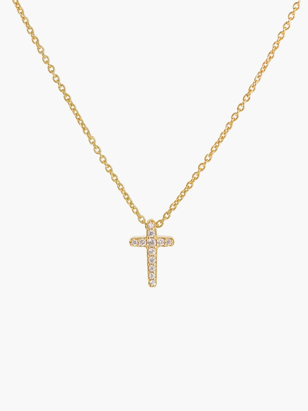 Dainty Luminous Cross Pavé Pendant Necklace in 18k gold-plated sterling silver with cubic zirconia cross pendant on delicate cable chain by Rizen Jewelry