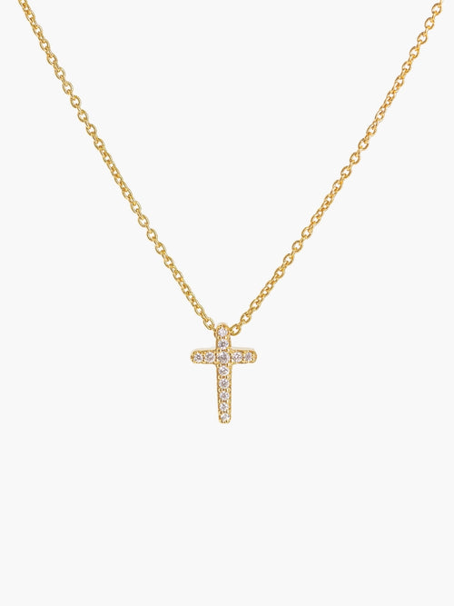 Dainty Luminous Cross Pavé Pendant Necklace in 18k gold-plated sterling silver with cubic zirconia cross pendant on delicate cable chain by Rizen Jewelry
