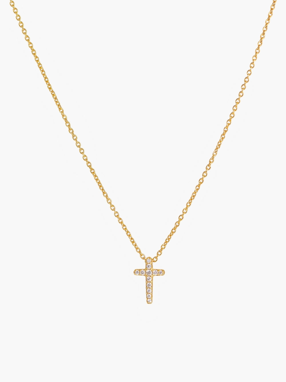 Dainty Luminous Cross Pavé Pendant Necklace in 18k gold-plated sterling silver with cubic zirconia cross pendant on delicate cable chain by Rizen Jewelry