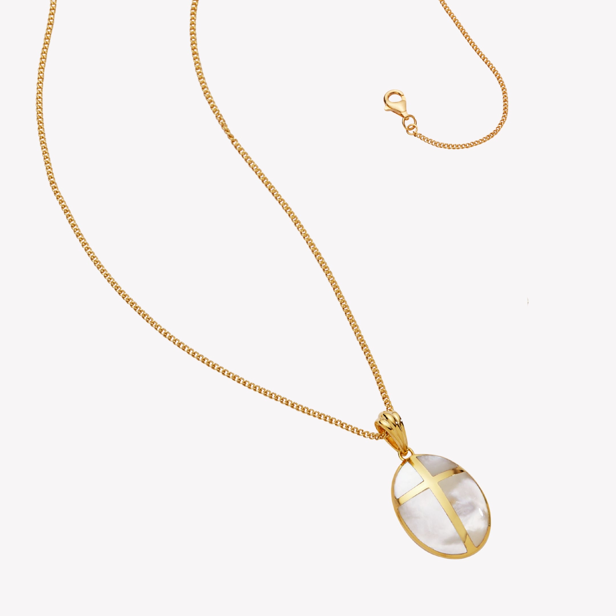 Becoming Mother Of Pearl Cross Necklace in 100% precious metals 18k Gold Plated  over Sterling Silver from the Becoming Collection by Rizen Jewelry featuring the easy to use clasp. 