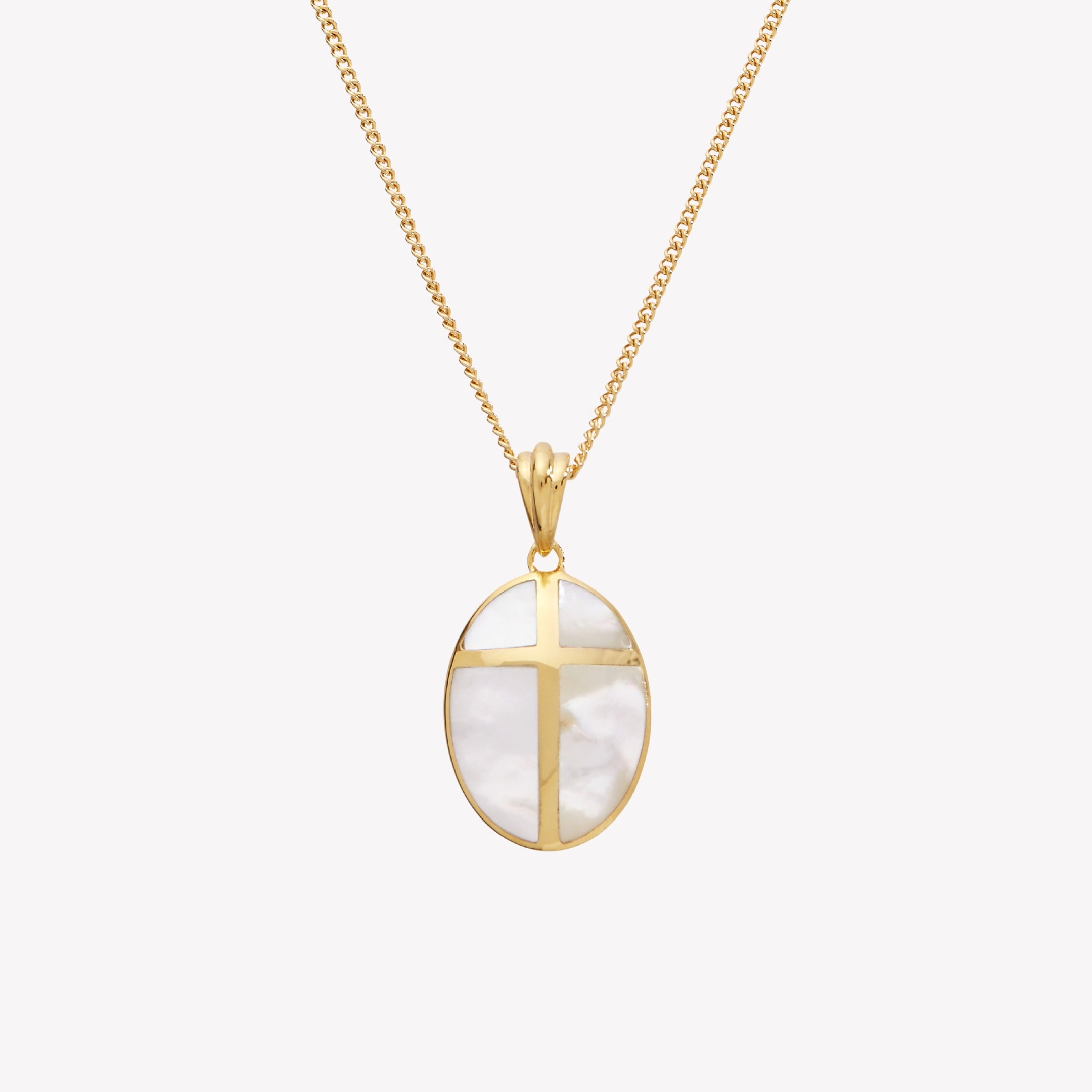 Becoming Mother Of Pearl Cross Necklace in 100% precious metals 18k Gold Plated  over Sterling Silver from the Becoming Collection by Rizen Jewelry. 
