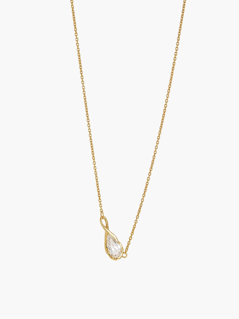A delicate gold chain necklace featuring a teardrop-shaped simulated diamond pendant held in an infinity loop setting, designed by faith based Rizen Jewelry. Necklace is against a white backdrop.